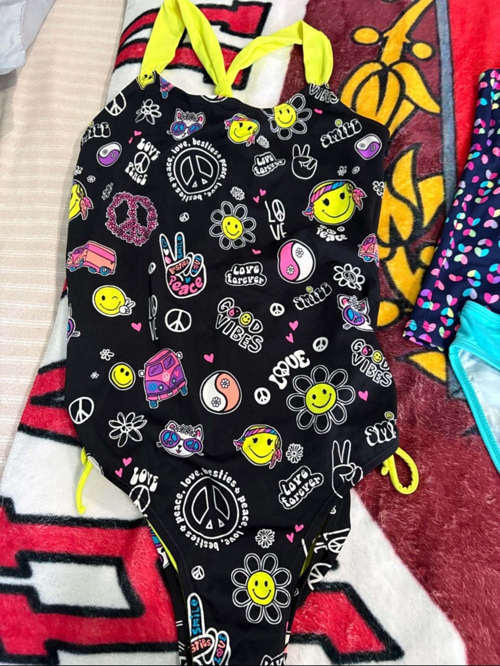 Justice girlsBlack Smiley 'Good Vibes' One-Piece Swimsuit with Neon Yellow sz 20